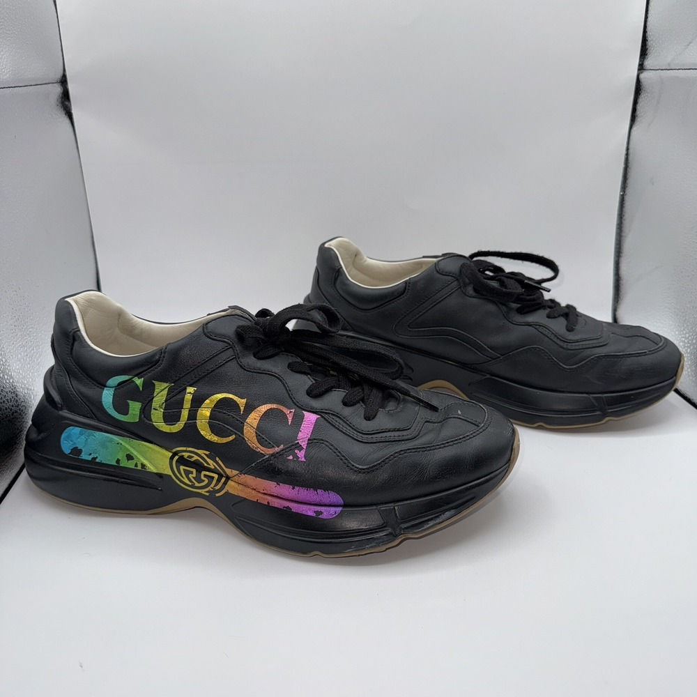 Gucci Men's 11 Black Rhyton Iridescent Rainbow Logo Apollo Nero Sneaker Shoes - Picture 2 of 13